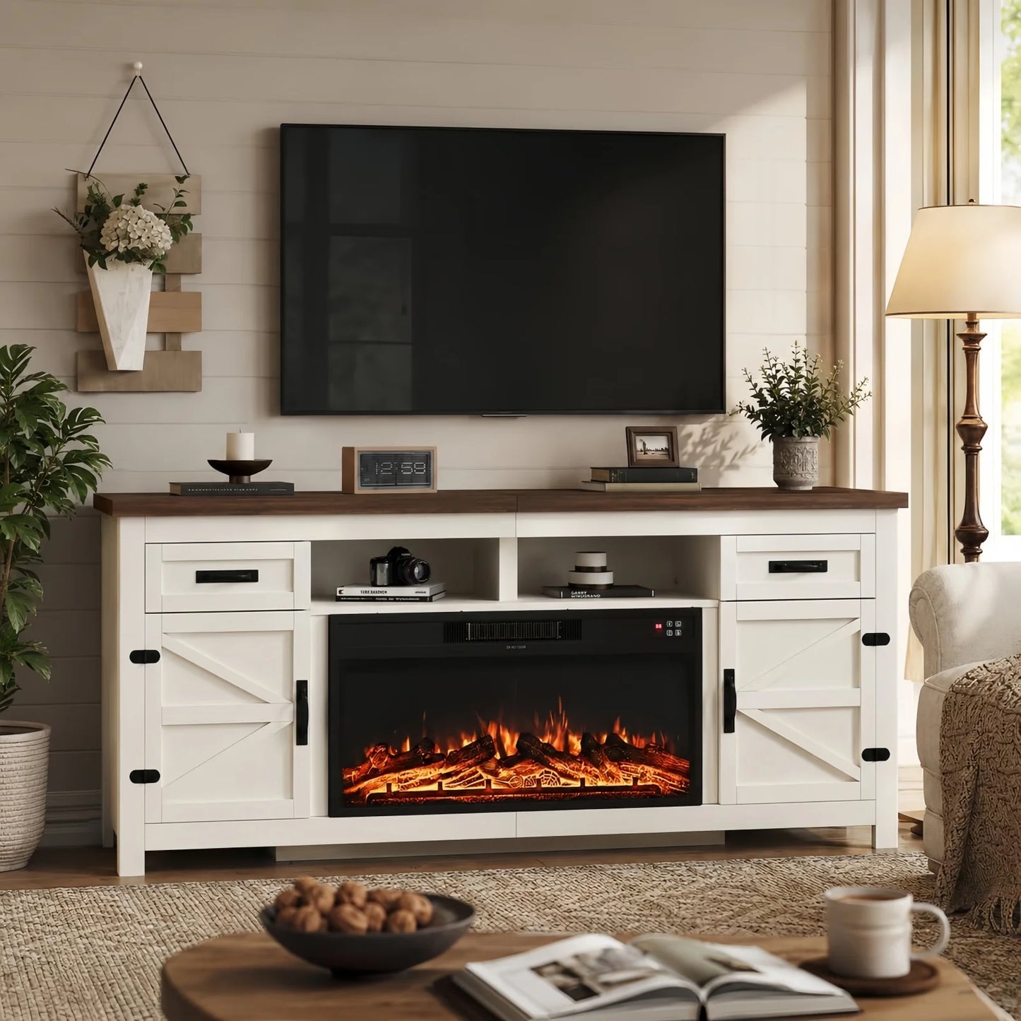 Aoxun 80 Inch Farmhouse TV Stand with Electric Fireplace and Barn Doors Media Entertainment Center with Storage Cabinets for Living Room Fits TVs up to 90 Inches White Stand with Black Fireplace