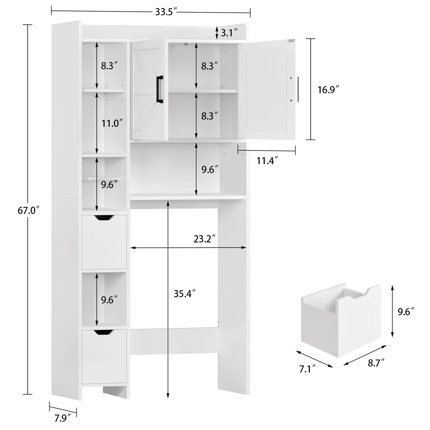 Over the Toilet Storage Cabinet with 2 Adjustable Drawers & 1 Cabinet, Freestanding Toilet Storage Cabinet with 6 open Shelves & 1 Adjustable shelf, Bathroom Storage Cabinets for Bathroom, White