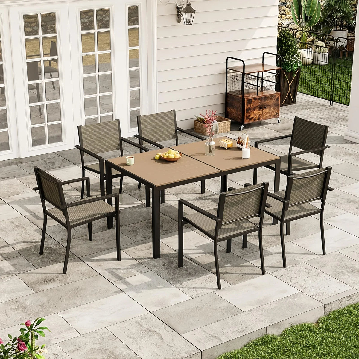 Aoxun Rectangular Metal Patio Dining Set with Textilene Chairs