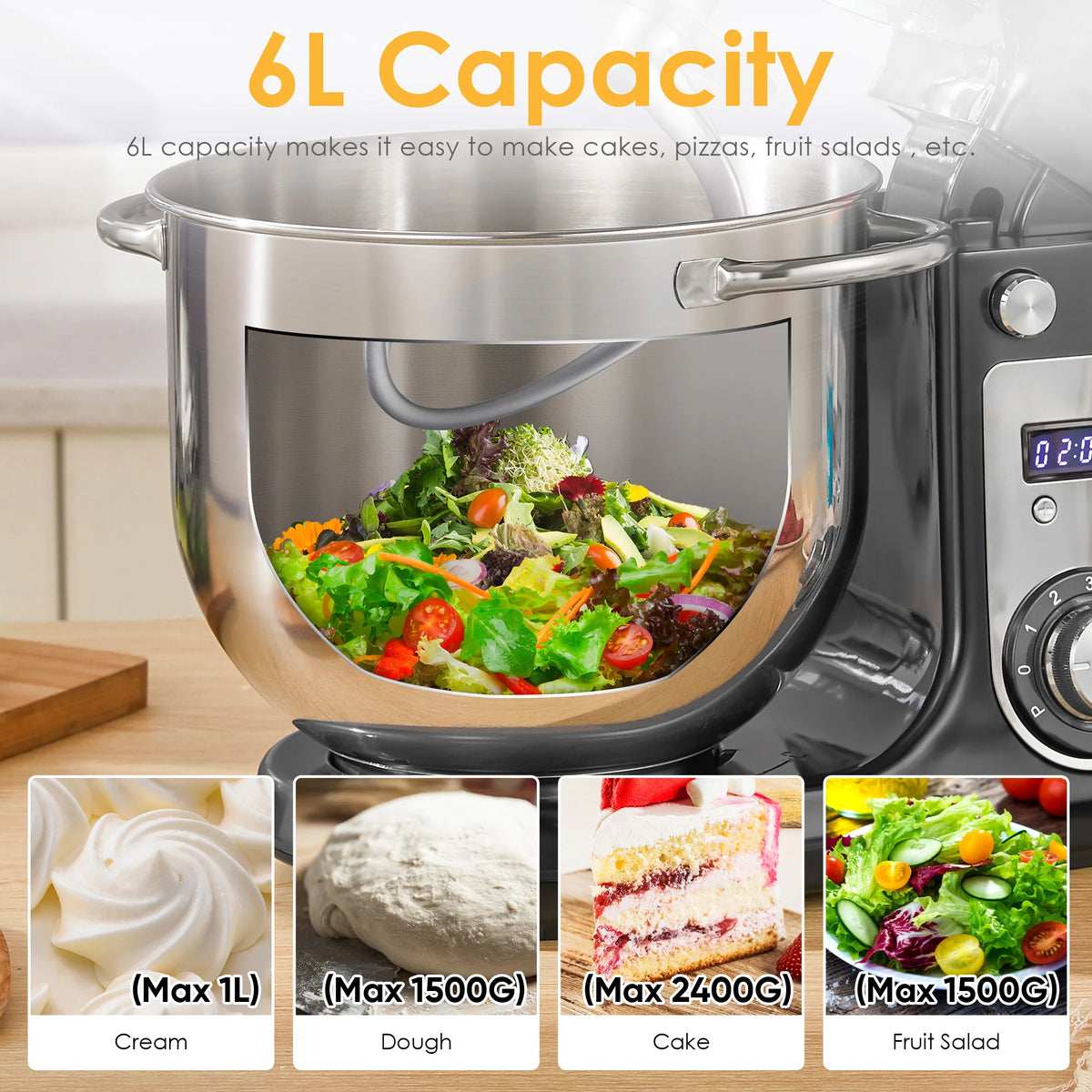 Biolomix 6 Speed 1200W Quiet Stand Mixer Stainless Steel Bowl