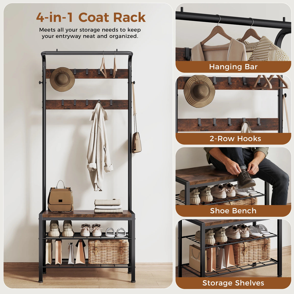 JHK 4in1 Coat Rack With Shoe Bench And Storage Organizer