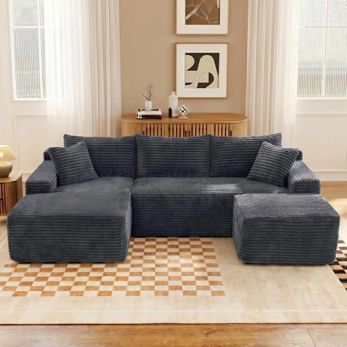 94.5" U-Shaped Sectional Sofa with Deep Seat, No Assembly Modular Cloud Couch in Corduroy Fabric with Ottoman, Space-Saving Sleeper for Living Room Bedroom Apartment, Black