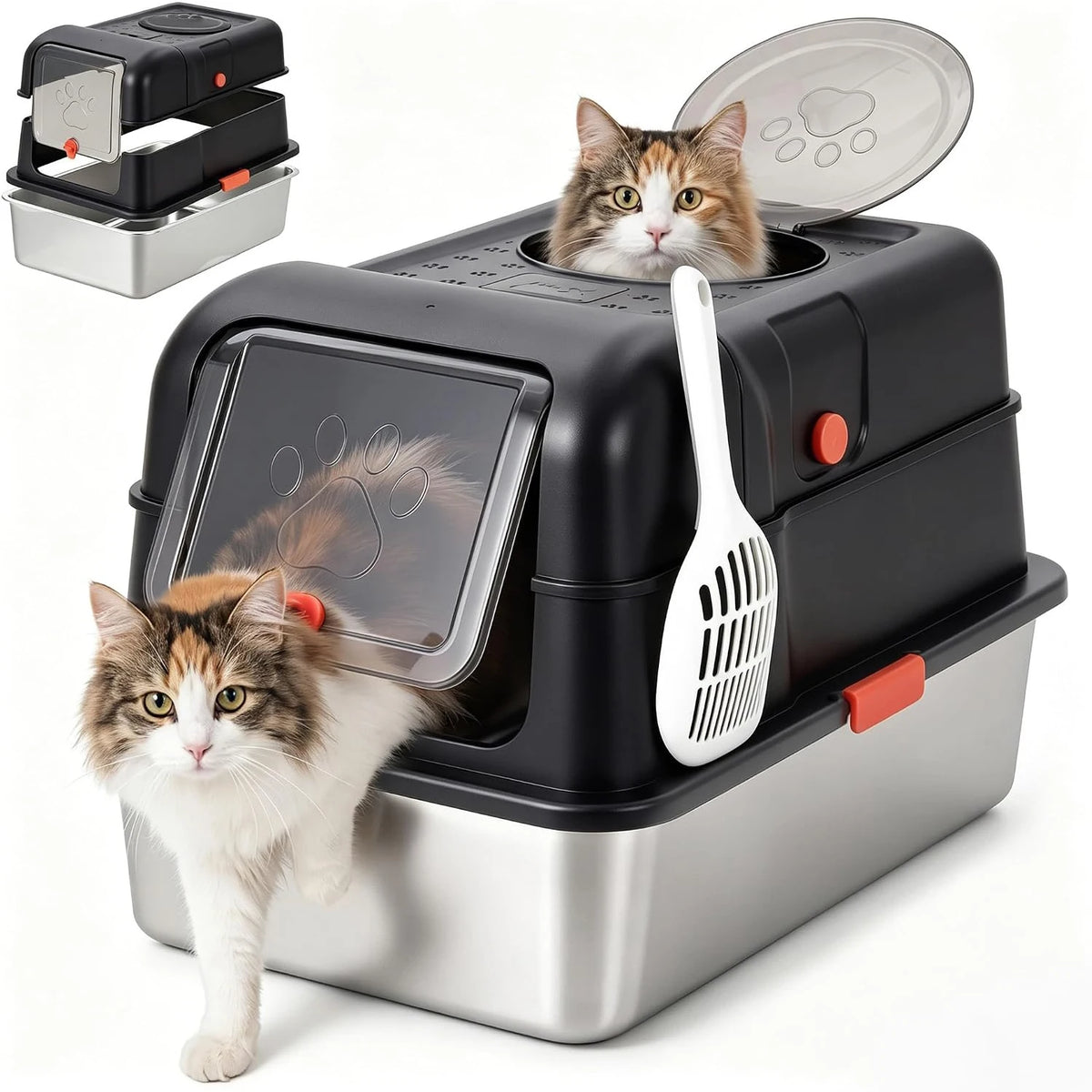 HiMISS Stainless Steel Cat Litter Box With Enclosed Top Entry