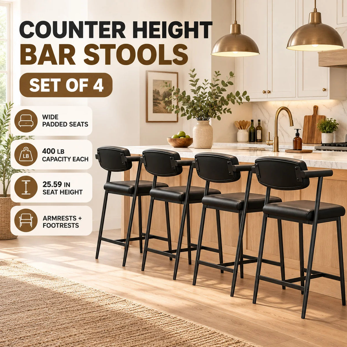 Set Of 4 Upholstered Bar Stools With Arms And Footrests