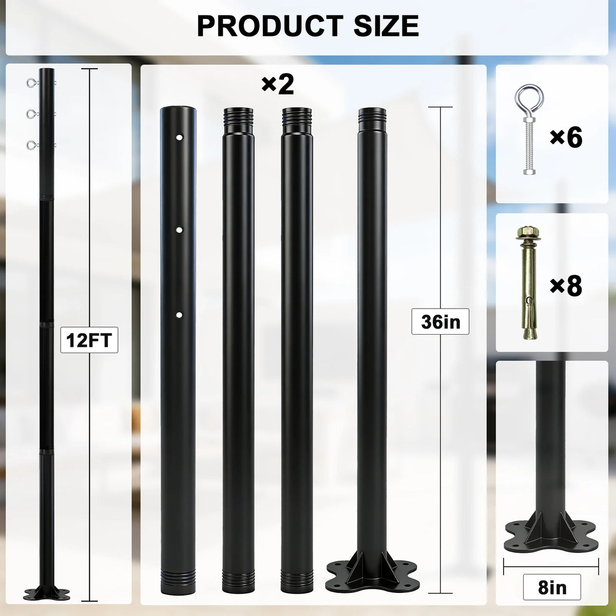 2 Pack 12ft Heavy Duty Metal Shade Sail Poles ,(Shade Sail not include)Rust-Resistant Adjustable Outdoor Support Post Kit for Patios Courtyards Backyards Gardens