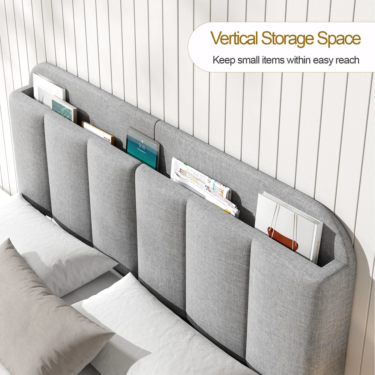 Adjustable Headboard for Full King Size Bed Frame,Linen Fabric Bed Headboard Storage & RGB LED Light in Vertical Channel Design