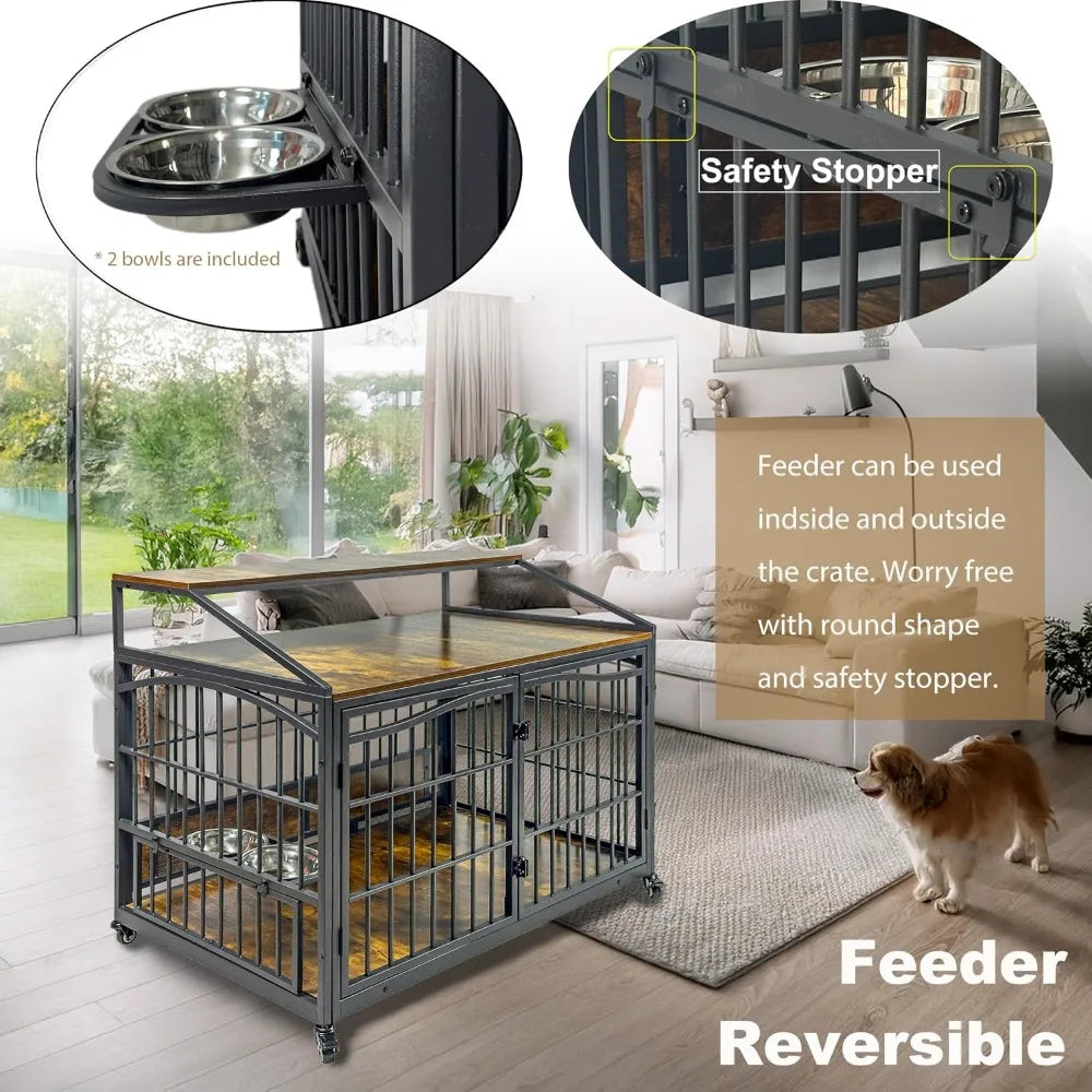 Wooden Dog Crate Furniture End Table With Stainless Steel Bowls