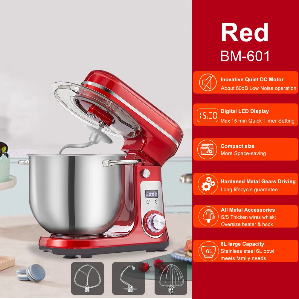 Biolomix 6 Speed 1200W Quiet Stand Mixer Stainless Steel Bowl