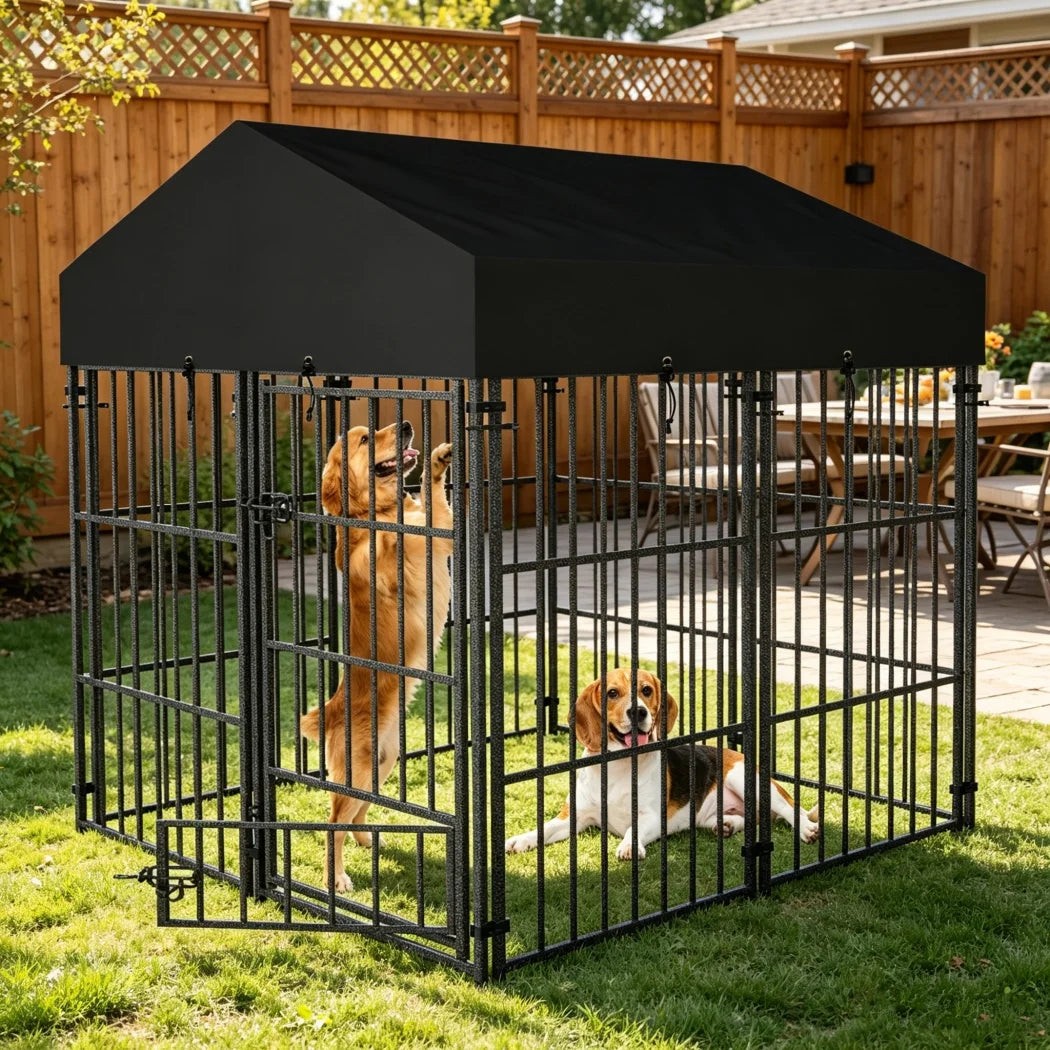 BORWART Heavy Duty Metal Dog Kennel With Roof Covered Run