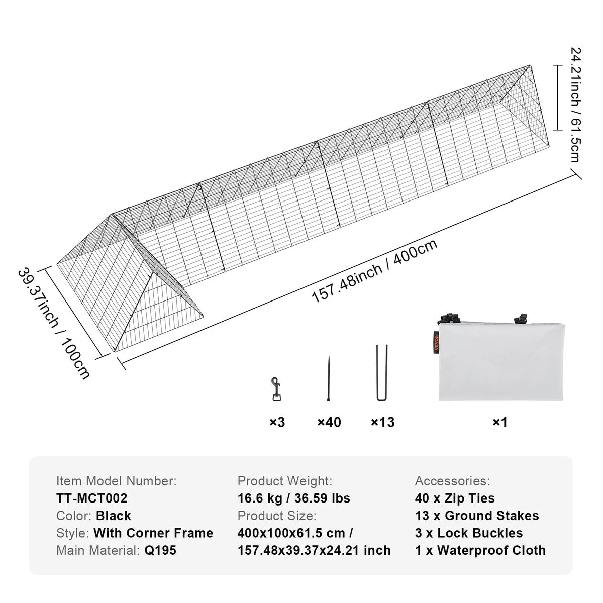 SucceBuy Chicken Tunnels 157.5 x 39.4 x 24.2 in Chicken Tunnels for Yard Portable Chicken Tunnels for Outside Corner Frames