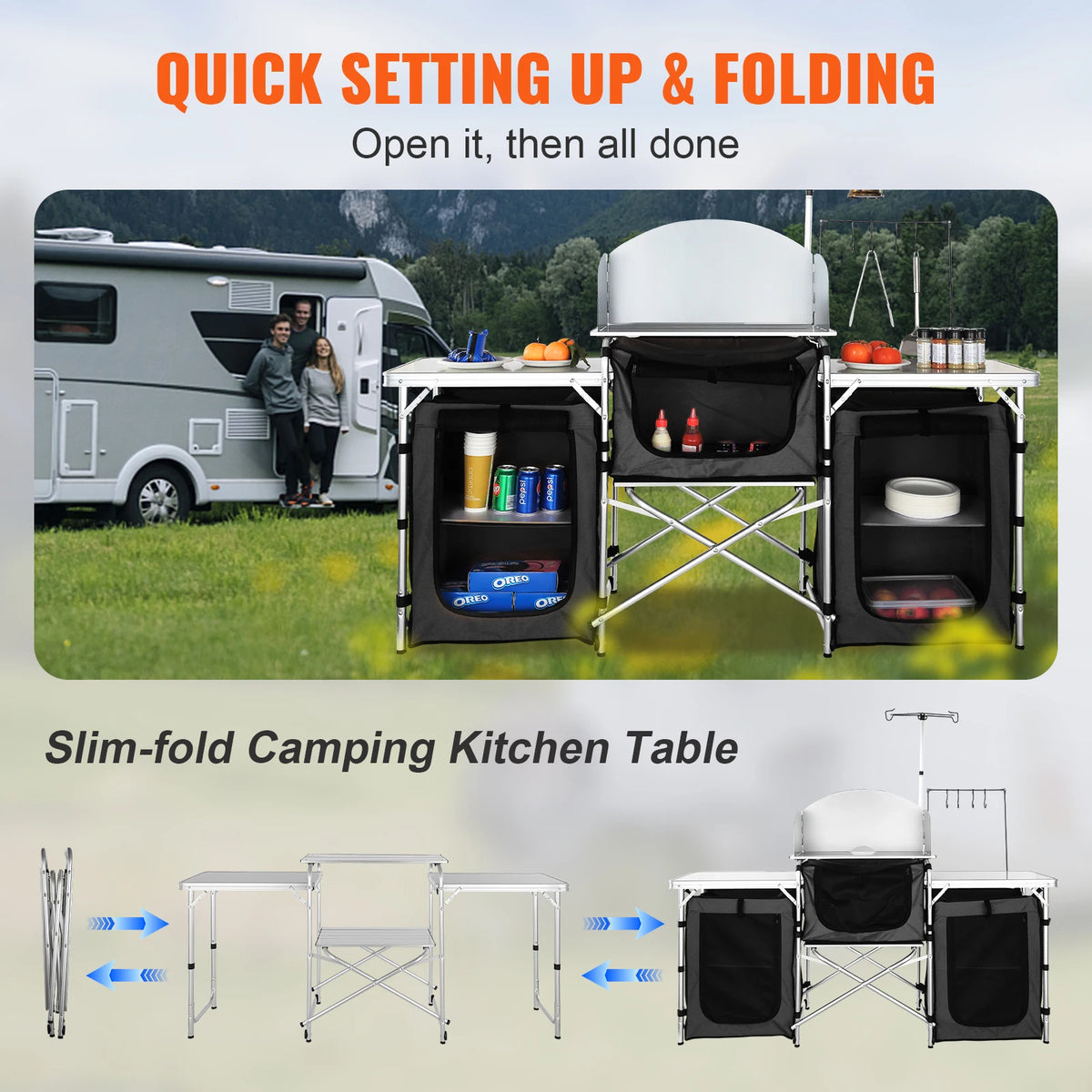 SucceBuy Camping Outdoor Kitchen Table Cabinet Foldable Folding Cooking Storage Rack Aluminum Alloy Bracket for BBQ Picnic