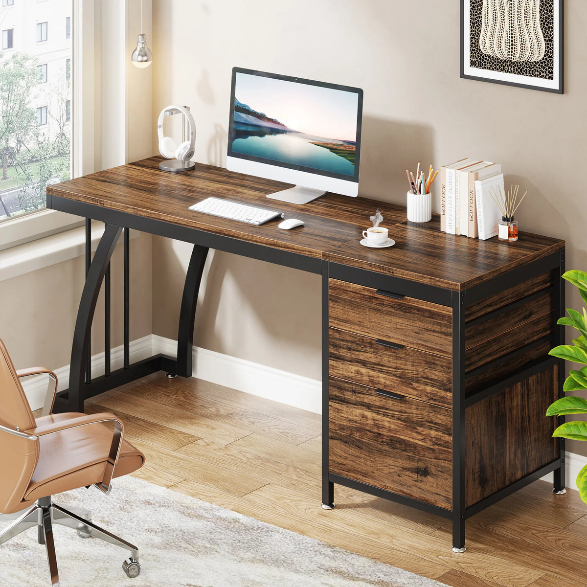 Tribesigns Computer Desk With Three Drawers Industrial Workstation