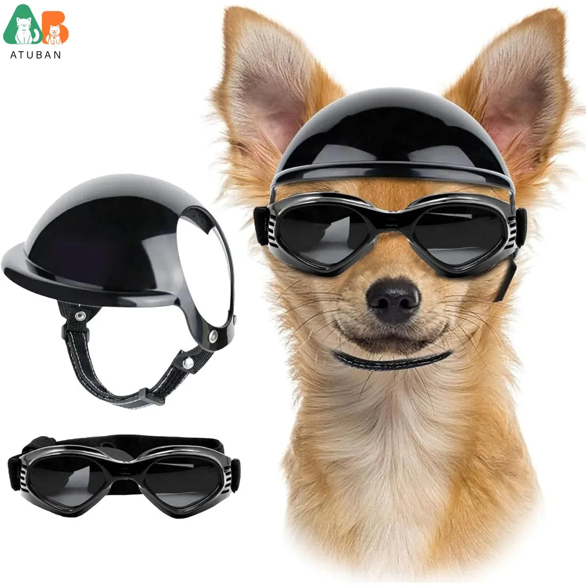 ATUBAN Cool Pet Motorcycle Helmet - Lightweight Goggles & Ear Holes Design, Stylish Protection for Small Dogs Riding & Driving
