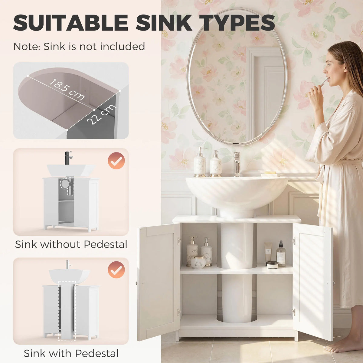 Kleankin 23.5" Pedestal Sink Storage Cabinet, Freestanding Bathroom under Sink Cabinet with U-Shape Cut-Out and Adjustable Shelf, White
