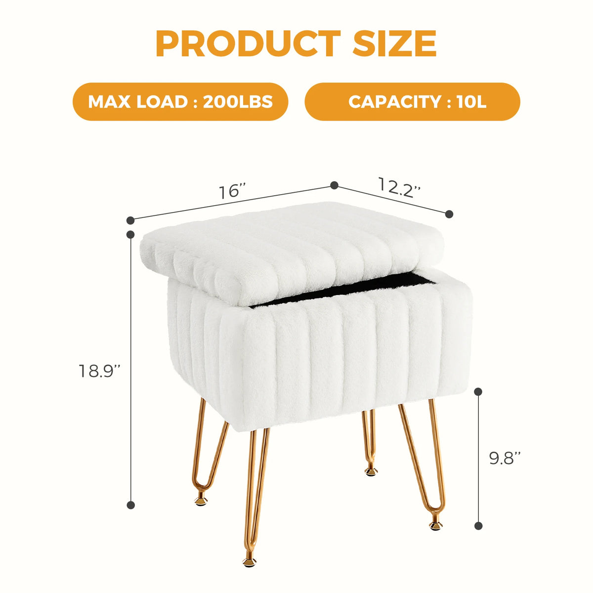 JHK Faux Fur Living Room Hidden Storage Stools & Ottomans Padded Makeup with 4 Metal Legs Anti-Slip Adjustable Feet for Home