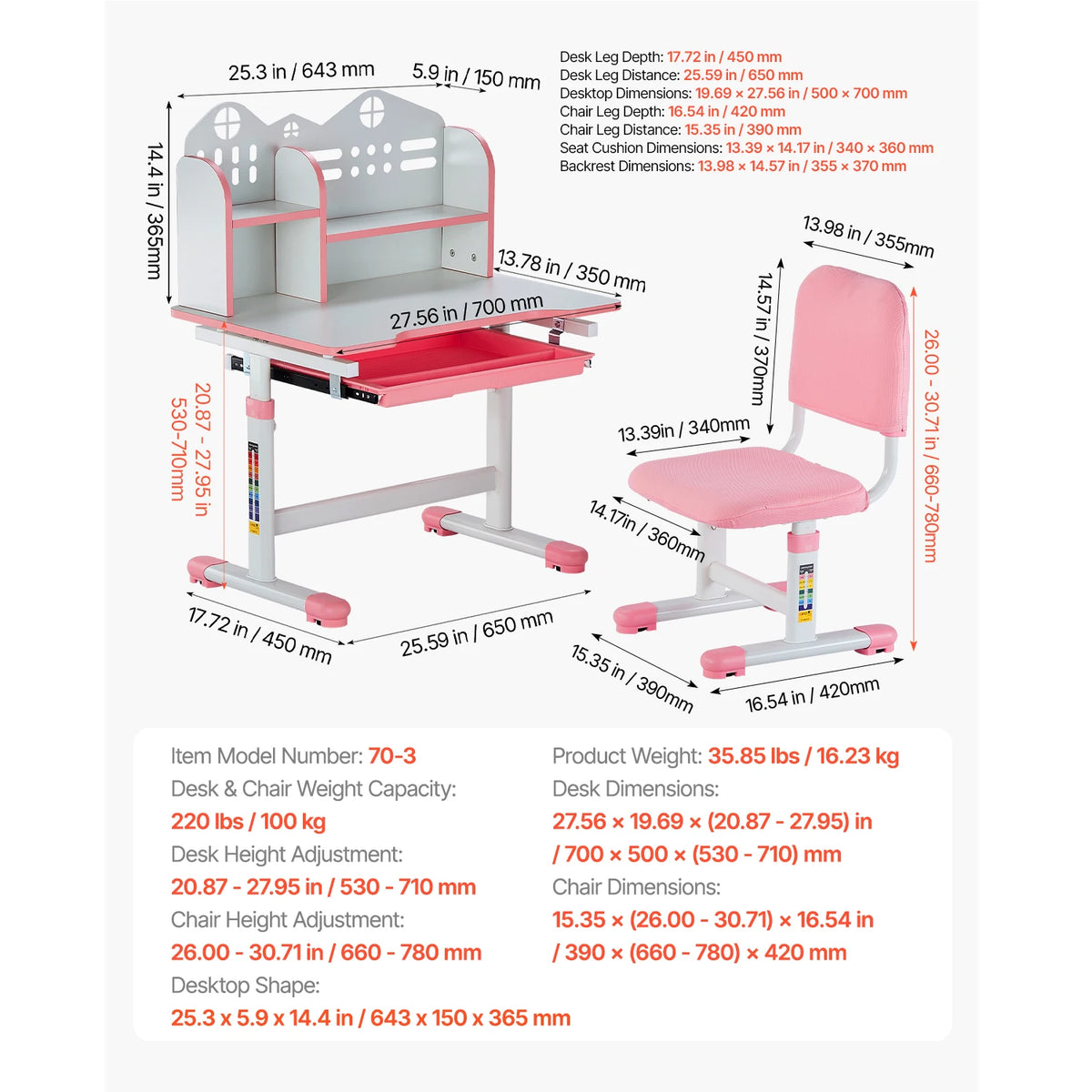 SucceBuy Kids Study Chair and Desk Set Study Desk and Chair for Kids with Table Lamp Adjustable Height for Bedroom & Study Room