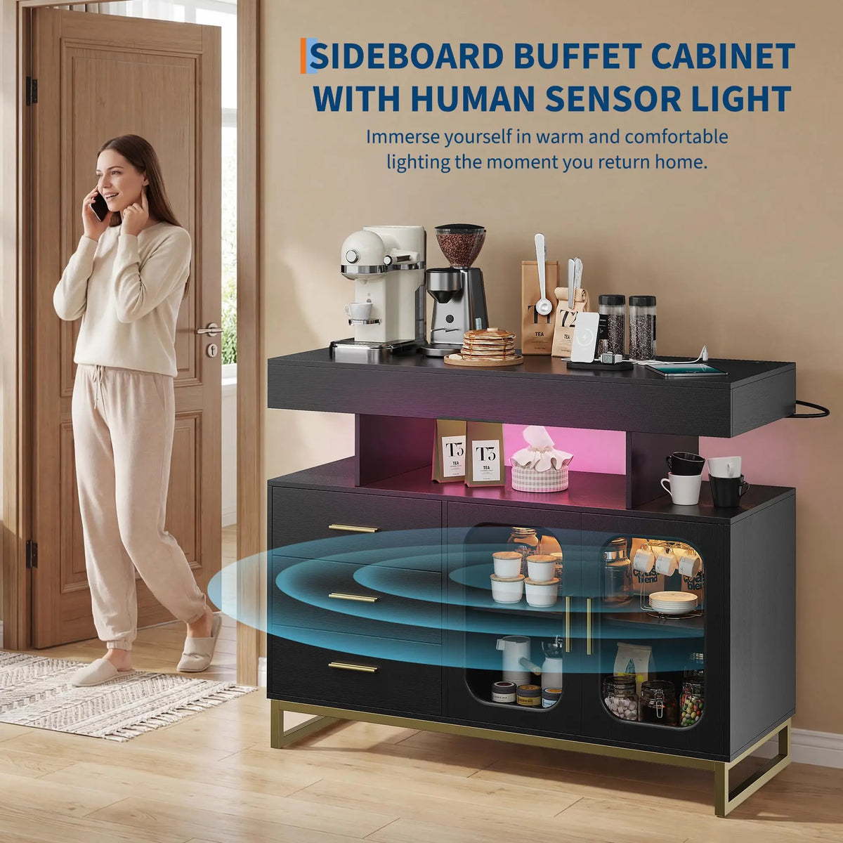 HiMISS LED Sideboard Buffet Cabinet With Charging Station And Storage