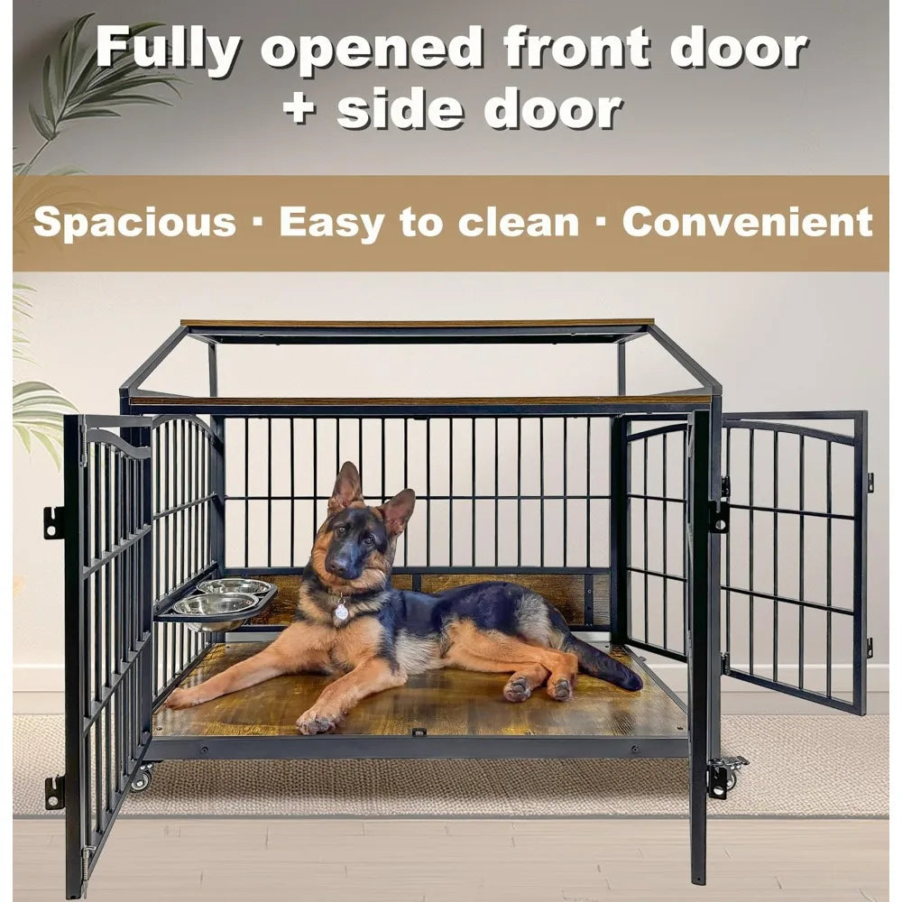 Wooden Dog Crate Furniture End Table With Stainless Steel Bowls