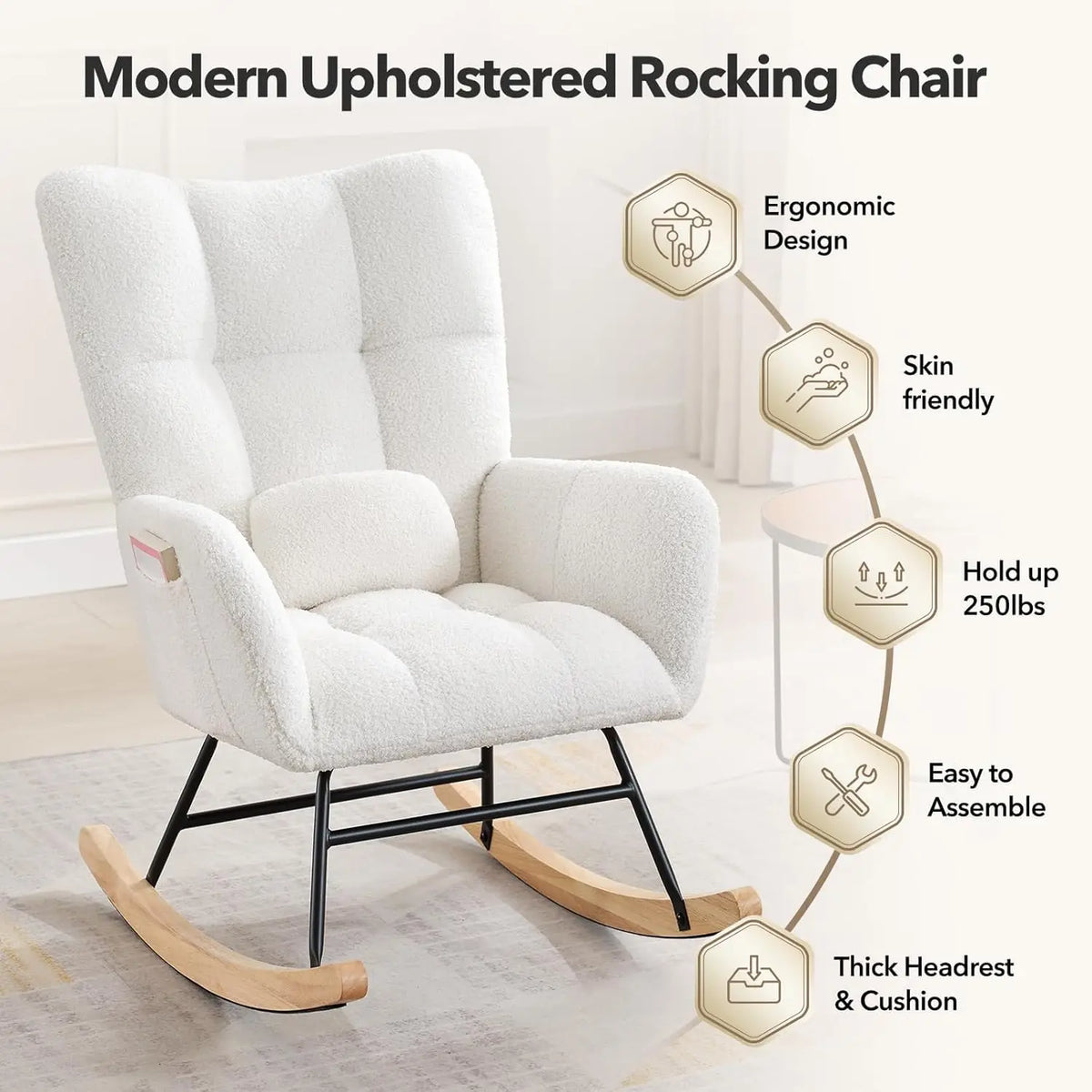 Modern Upholstered Nursery Rocking Chairs, with Side Pocket High Back Teddy Boucle Rocker Chair, Rocking Chair Backrest for Livi