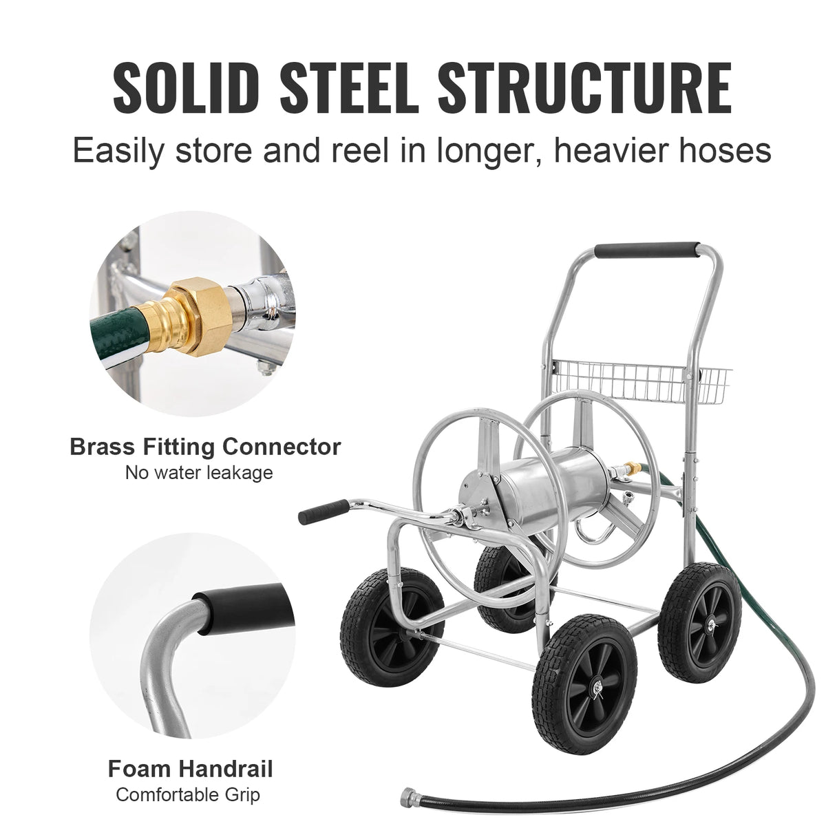 SucceBuy Hose Reel Cart 250ft Heavy Duty Garden Water Yard Planting w/ Basket Effortless Roll-up Versatile Application Steel