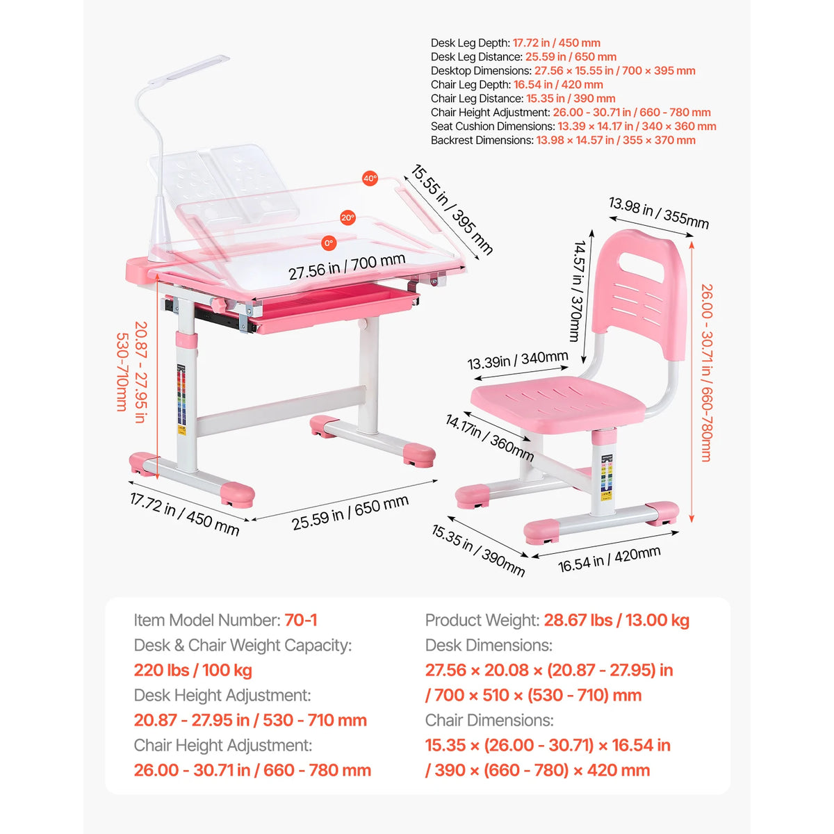 SucceBuy Kids Study Chair and Desk Set Study Desk and Chair for Kids with Table Lamp Adjustable Height for Bedroom & Study Room