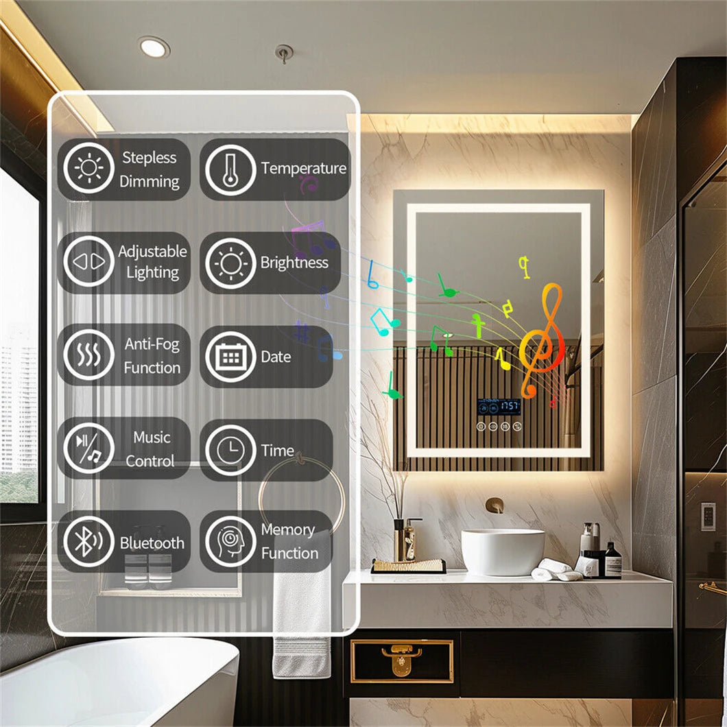 Smart LED Bathroom Mirror Rectangle Wall Mount Mirror w Bluetooth Speaker,Time,Temperature,Light Memory,Front & Backlit,Anti-Fog