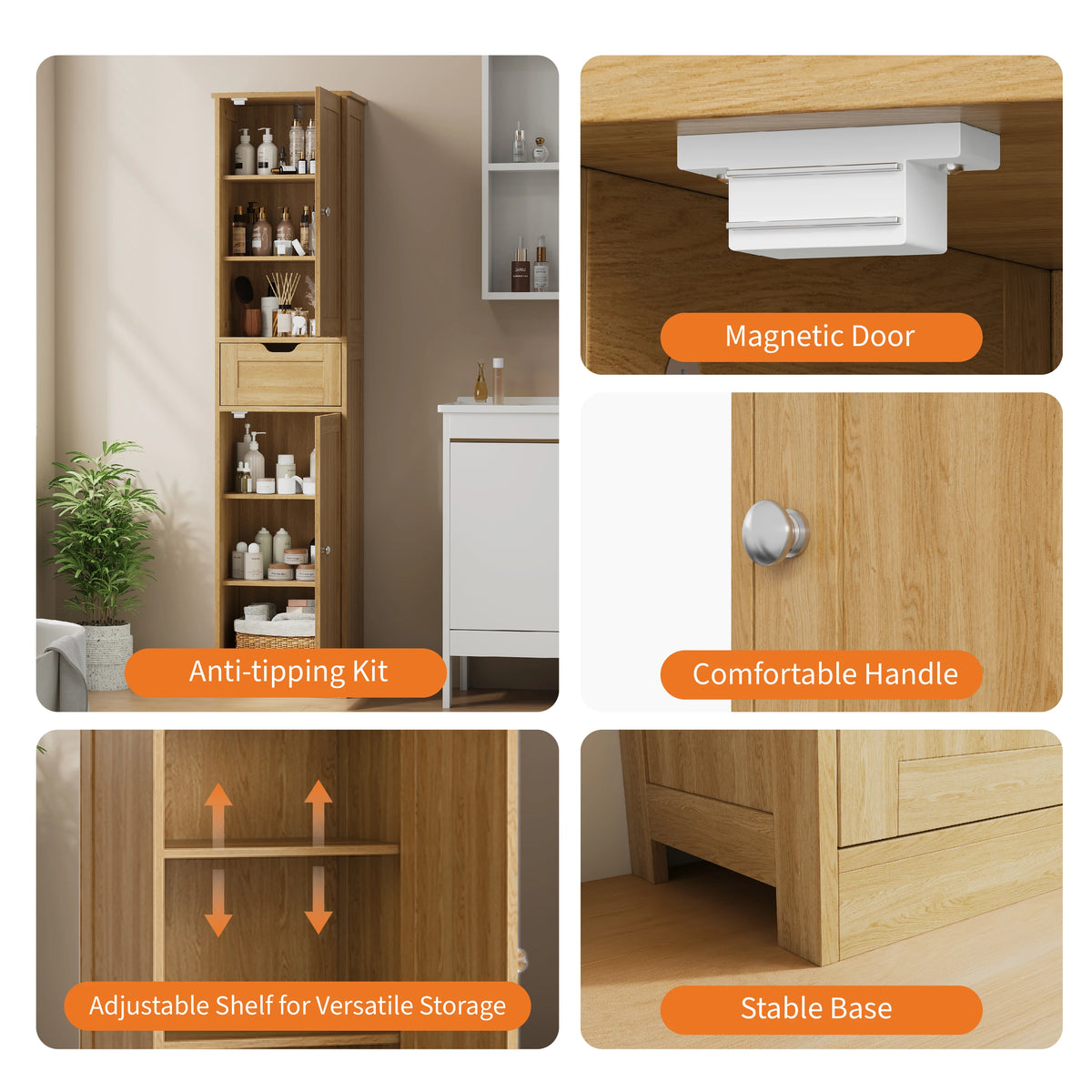 Space-Saving Slim Bathroom Storage Cabinet – Vertical Organizer Rack, Robust Particle Board, Appropriate for Basin Area, Compact Solution, Rustic Style