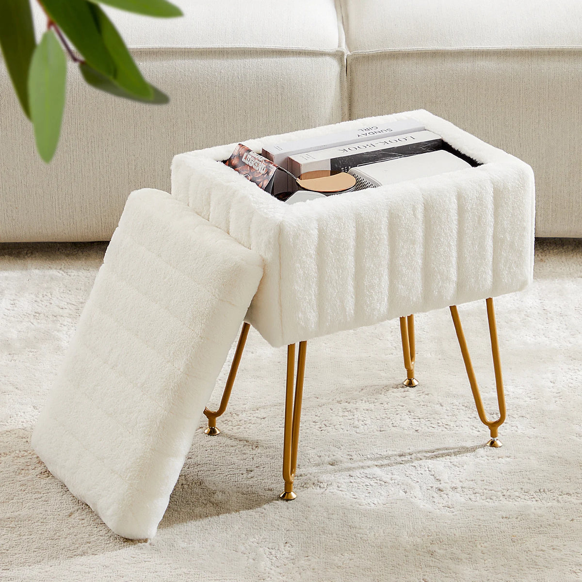 JHK Faux Fur Living Room Hidden Storage Stools & Ottomans Padded Makeup with 4 Metal Legs Anti-Slip Adjustable Feet for Home