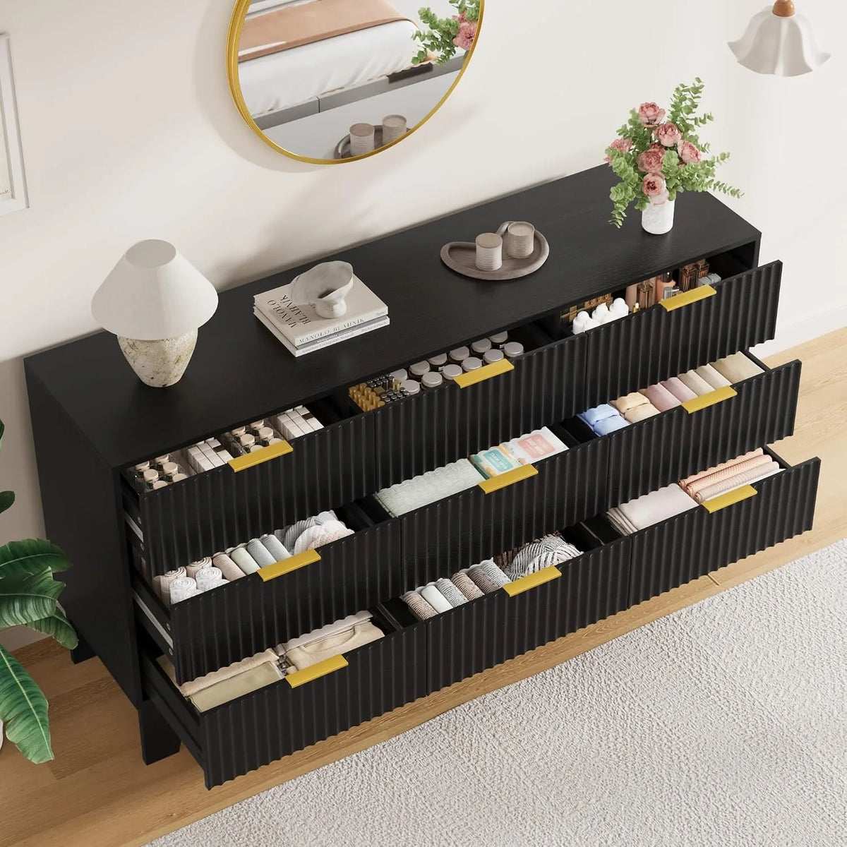 59 Inch Wide Fluted 9 Drawer Dresser Modern Wood Chest of Drawers with Metal Handles TV Stand Storage Cabinet Organizer for Bedroom Living Room Hallway Entryway