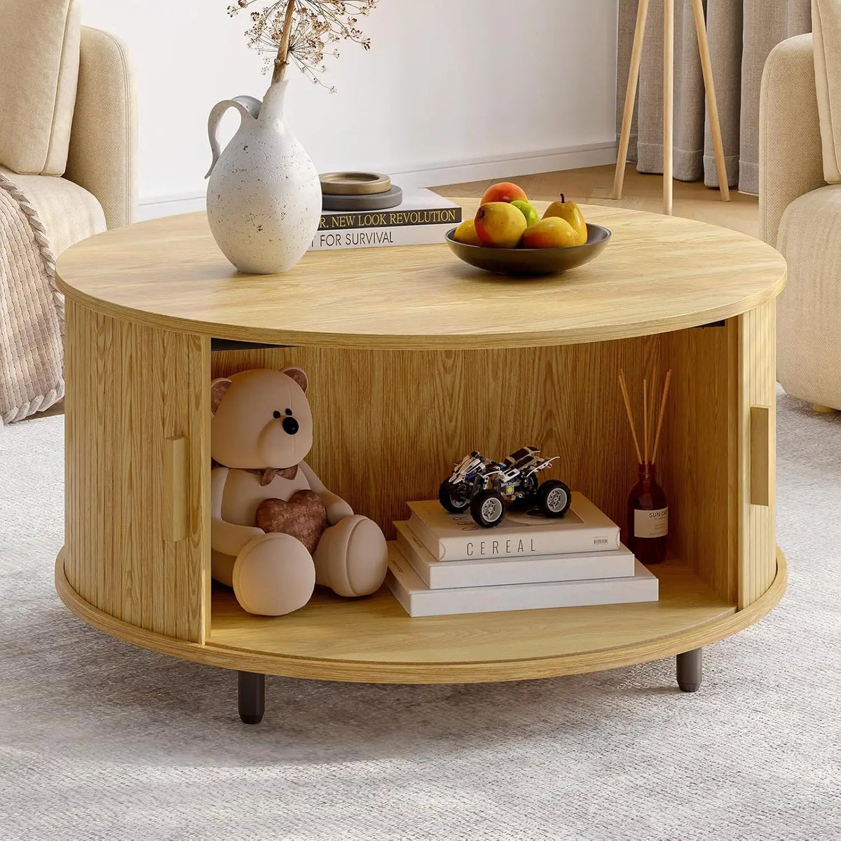 Modern Round Wood Coffee Table With Sliding Door Storage Cabinet