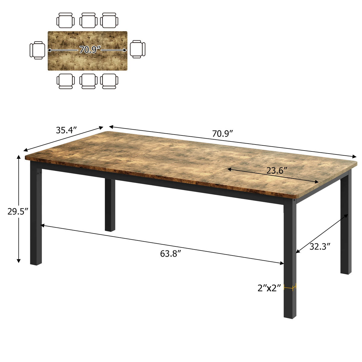 EliteZ Farmhouse Wooden Dining Table With Industrial Metal Frame
