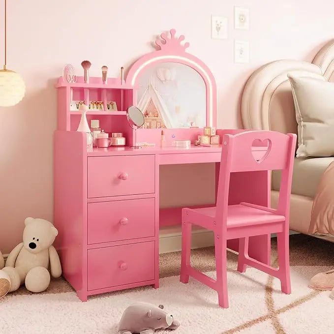 Kids Vanity with Lights, 2 in 1 Princess Makeup Vanity Desk & Chair Set, Toddler Vanity Table with Open Bookshelf for Girls