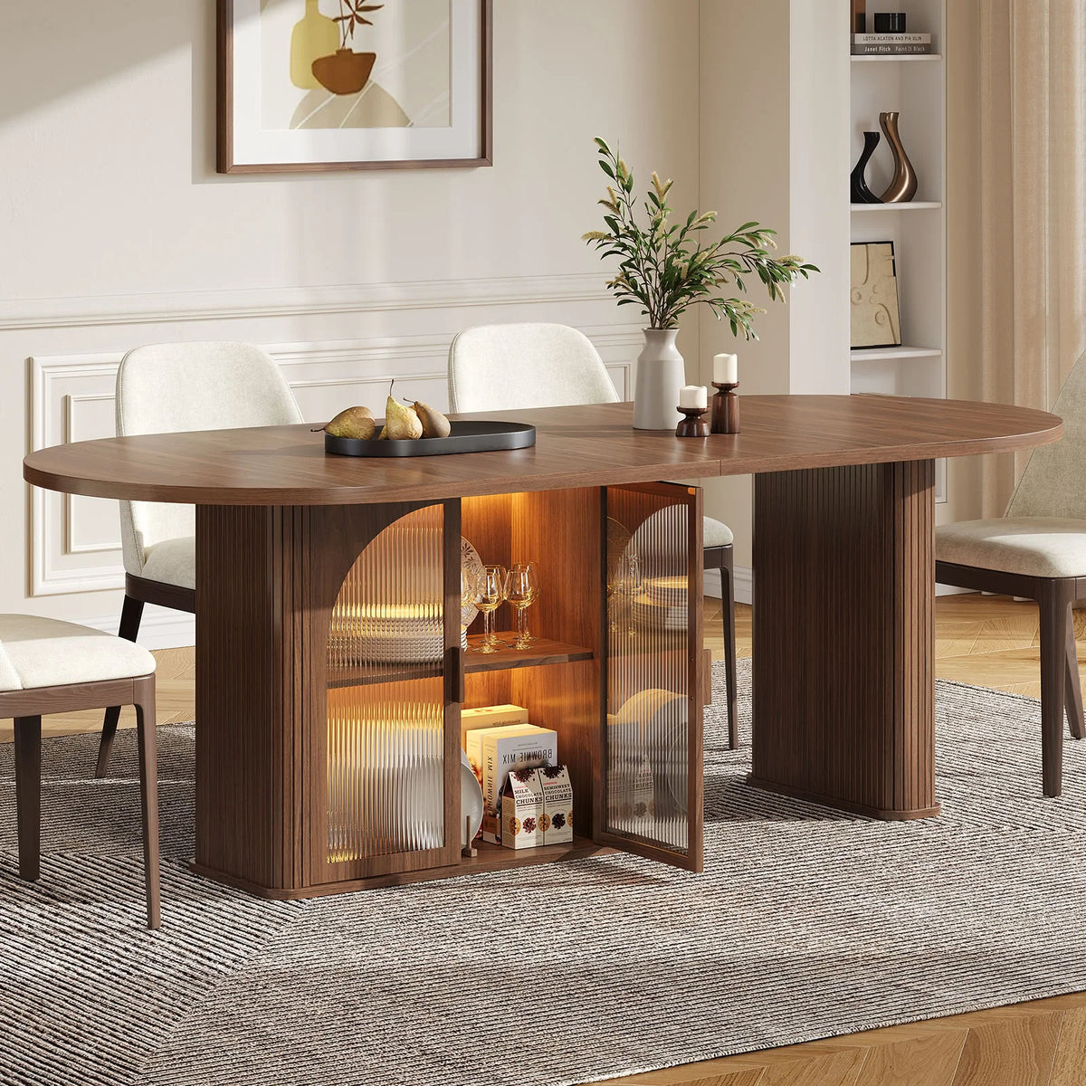 ONBRILL Modern Oval Dining Table with Storage and LED Lighting