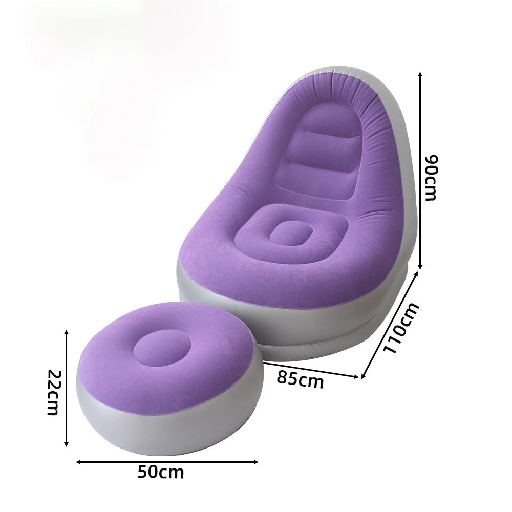 Inflatable Flocking Lazy Sofa Set with Foot Stool Portable Foldable Air Sofa Chair for Indoor Bedroom Outdoor Camping Leisure Furniture