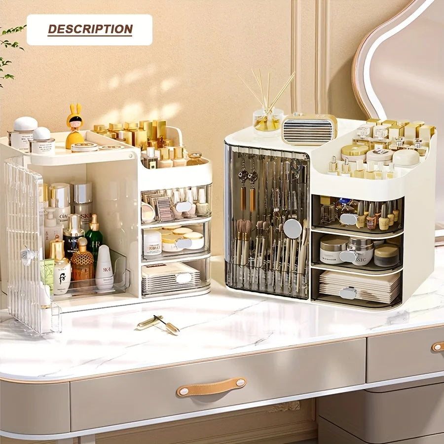 Beige Cosmetic Storage Box with 3 Drawers and Mirror High Capacity Makeup Organizer for Home and Bathroom