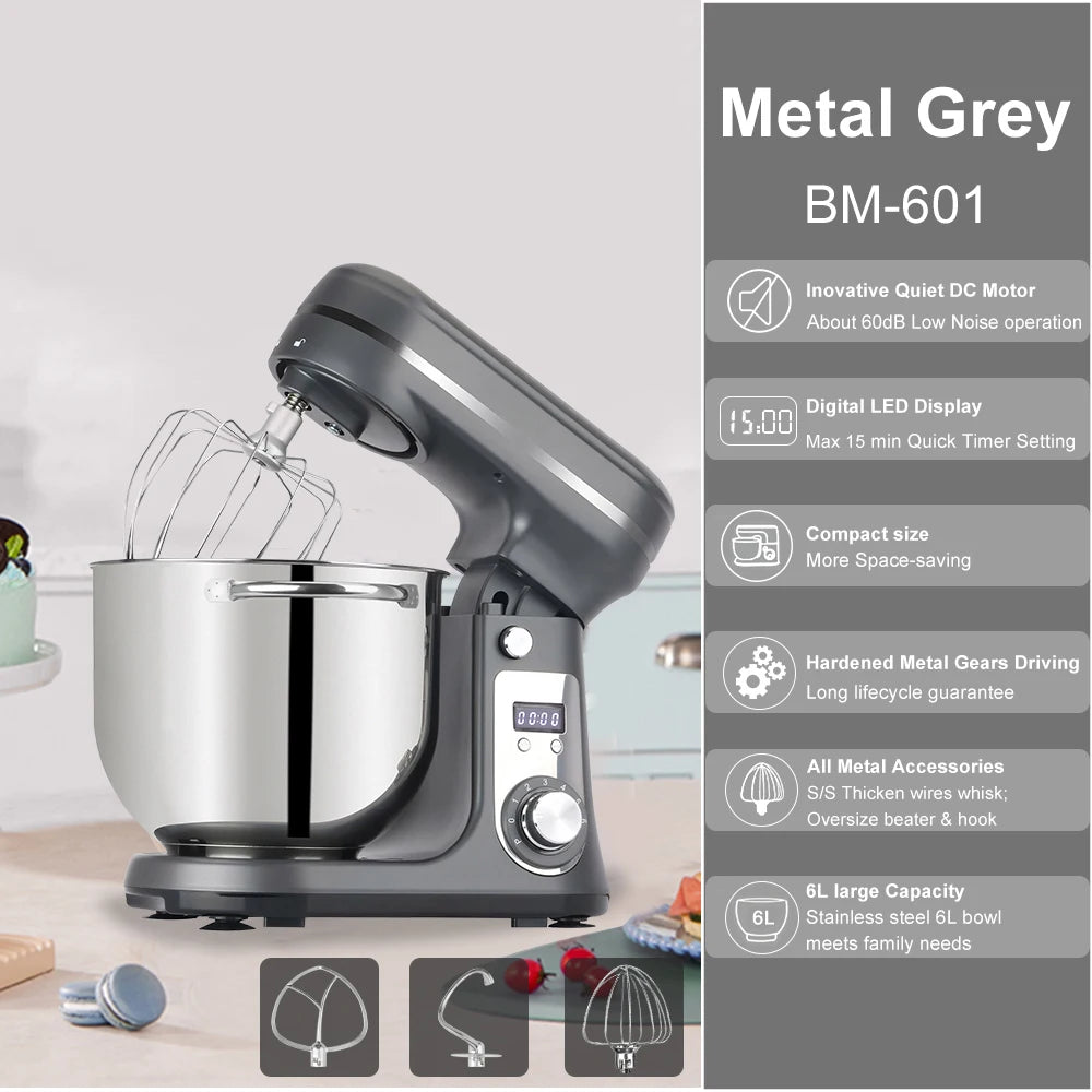 Biolomix 6 Speed 1200W Quiet Stand Mixer Stainless Steel Bowl