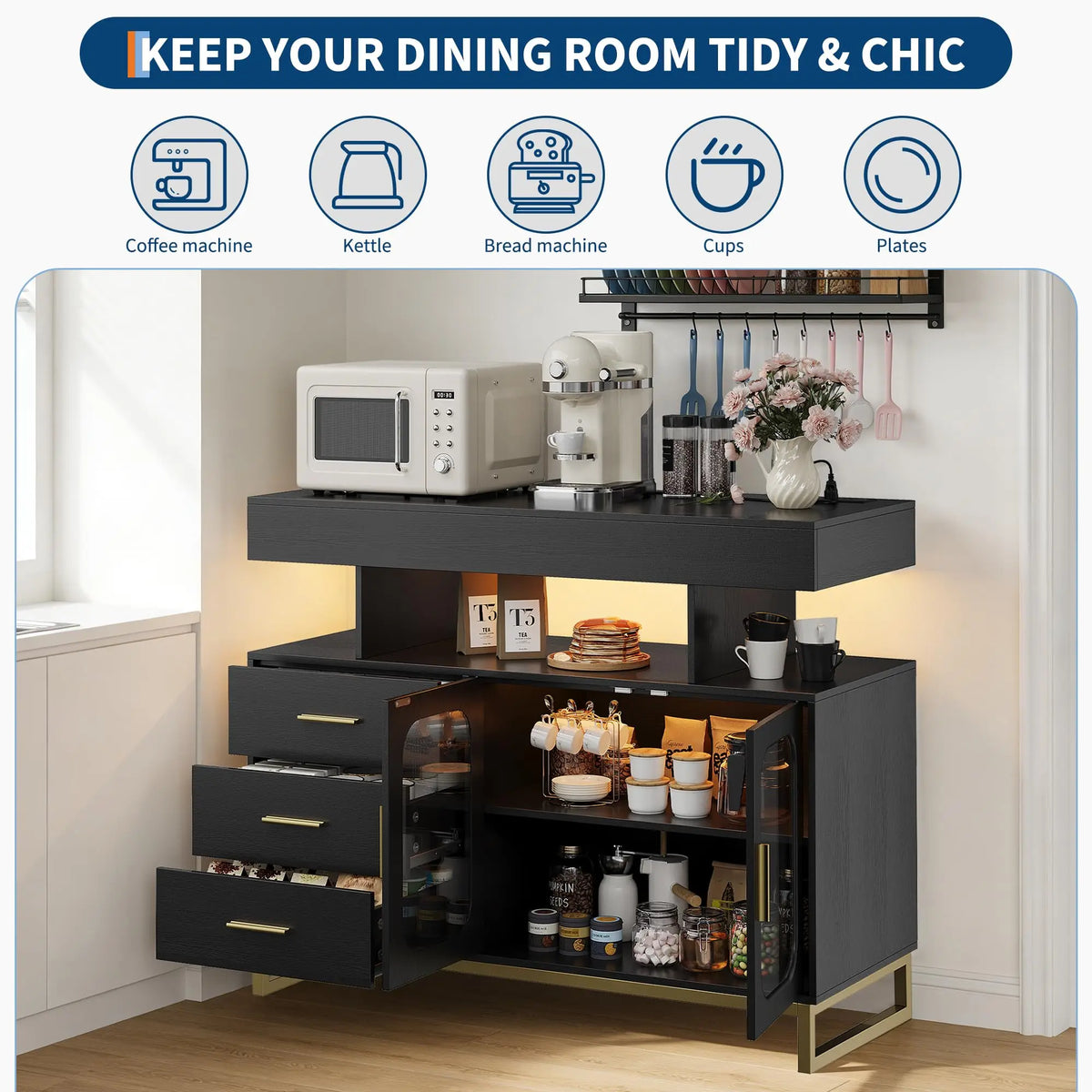 HiMISS LED Sideboard Buffet Cabinet With Charging Station And Storage