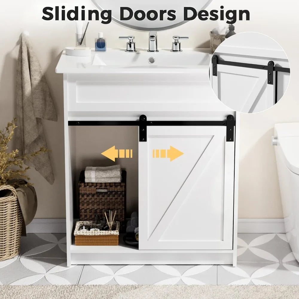 Farmhouse Bathroom Vanity Cabinet With Sink And Sliding Barn Door