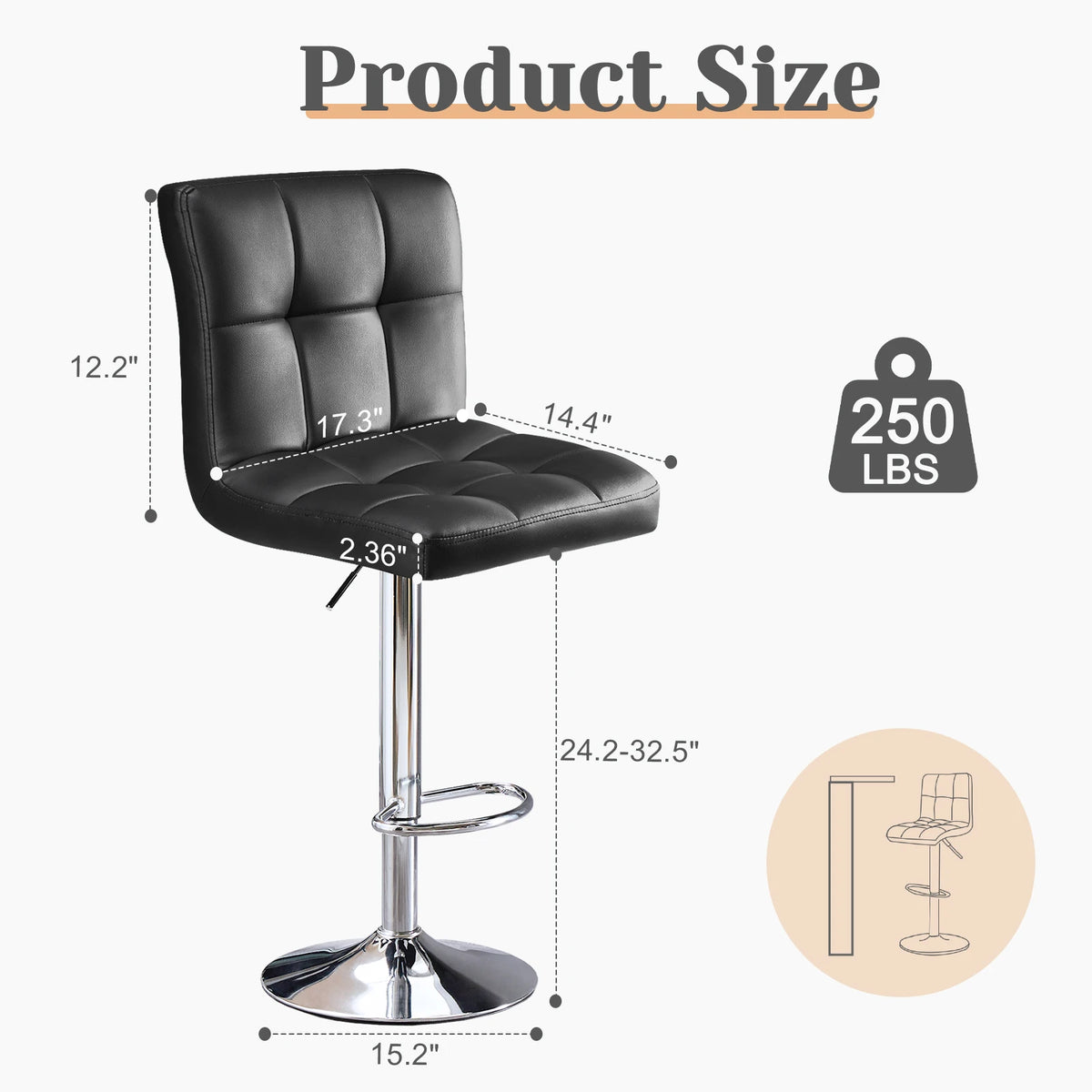 JHK PU Leather Upholstered Bar Stools With Comfortable Backrest Set