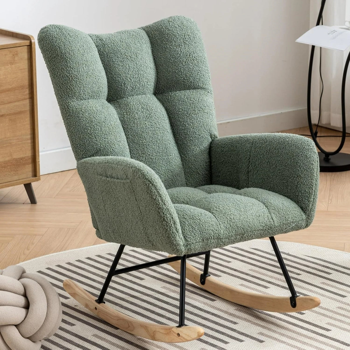 Modern Upholstered Nursery Rocking Chairs, with Side Pocket High Back Teddy Boucle Rocker Chair, Rocking Chair Backrest for Livi