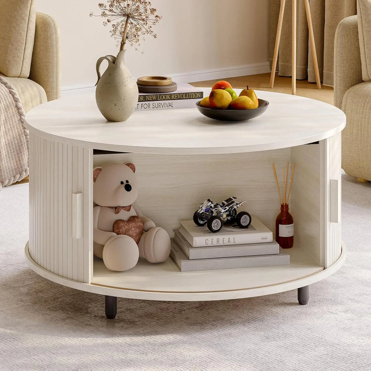 Modern Round Wood Coffee Table With Sliding Door Storage Cabinet
