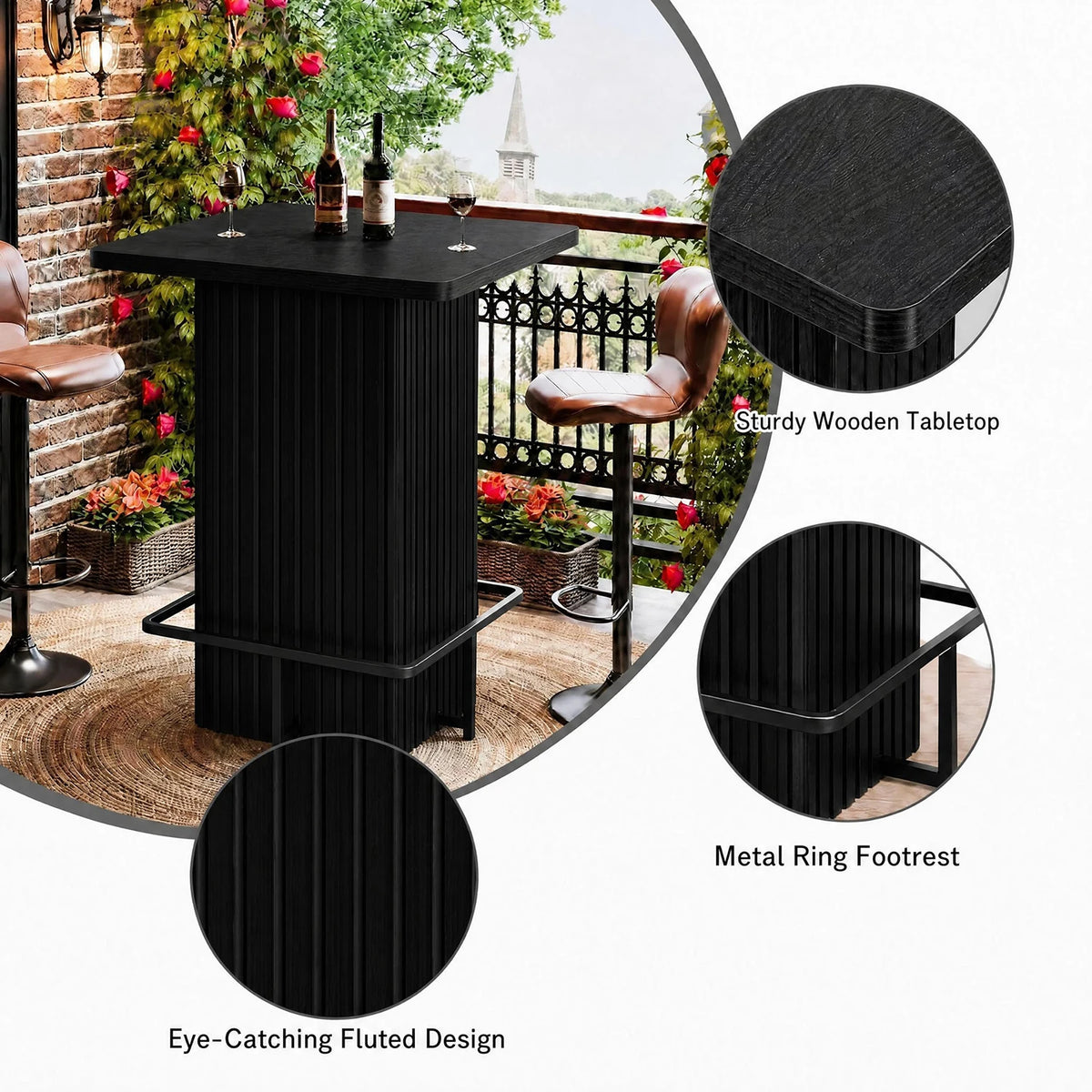 HiMISS Fluted Pedestal Counter Height Bistro Dining Table Metal Footrest