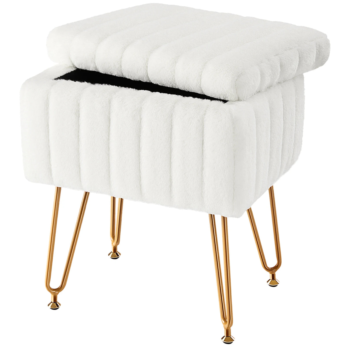 JHK Faux Fur Living Room Hidden Storage Stools & Ottomans Padded Makeup with 4 Metal Legs Anti-Slip Adjustable Feet for Home