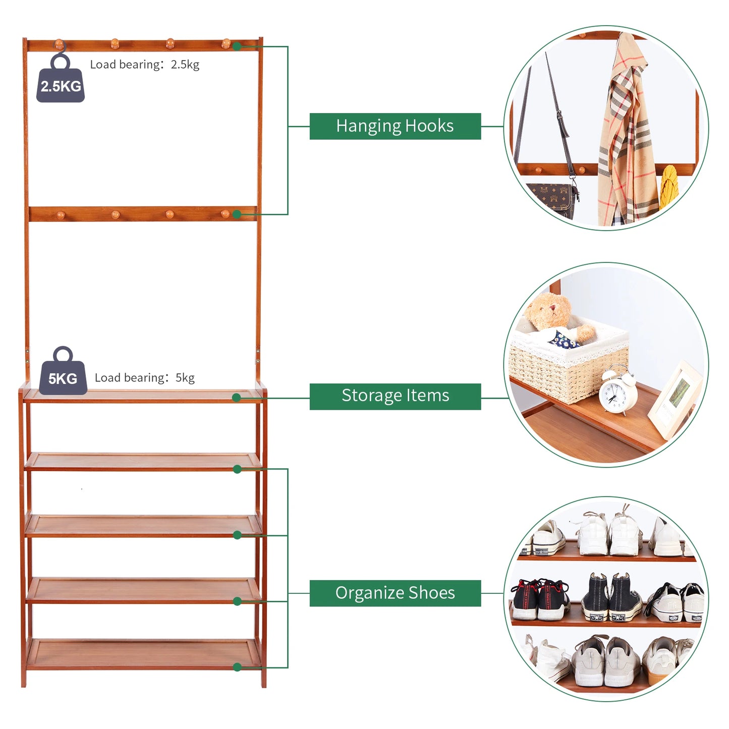 185cm Large Wooden 5 Tiers Hall Tree Hat Coat Stand with 8 Hooks Clothes Shoe Rack Hanger Hooks Shelf Storage 