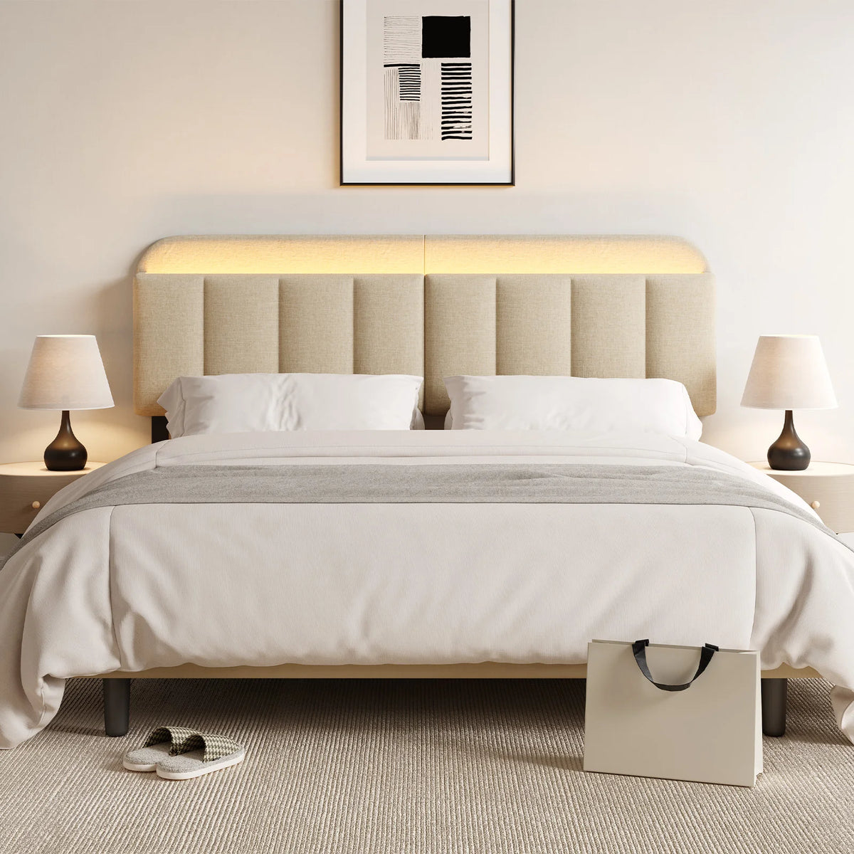 Adjustable Headboard for Full King Size Bed Frame,Linen Fabric Bed Headboard Storage & RGB LED Light in Vertical Channel Design