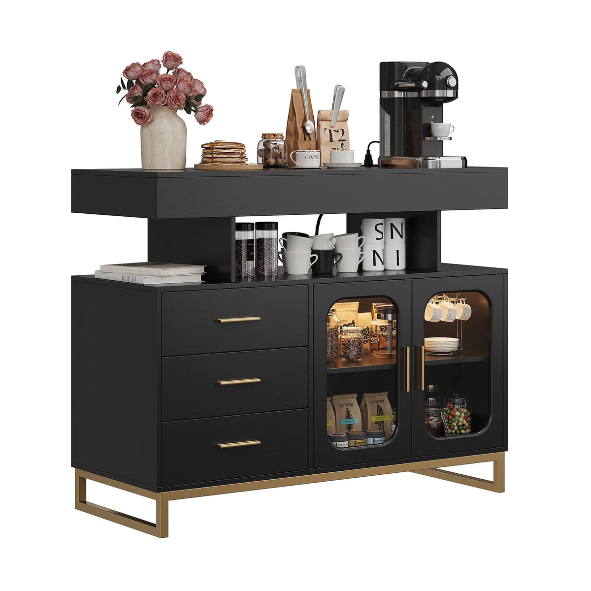 HiMISS LED Sideboard Buffet Cabinet With Charging Station And Storage