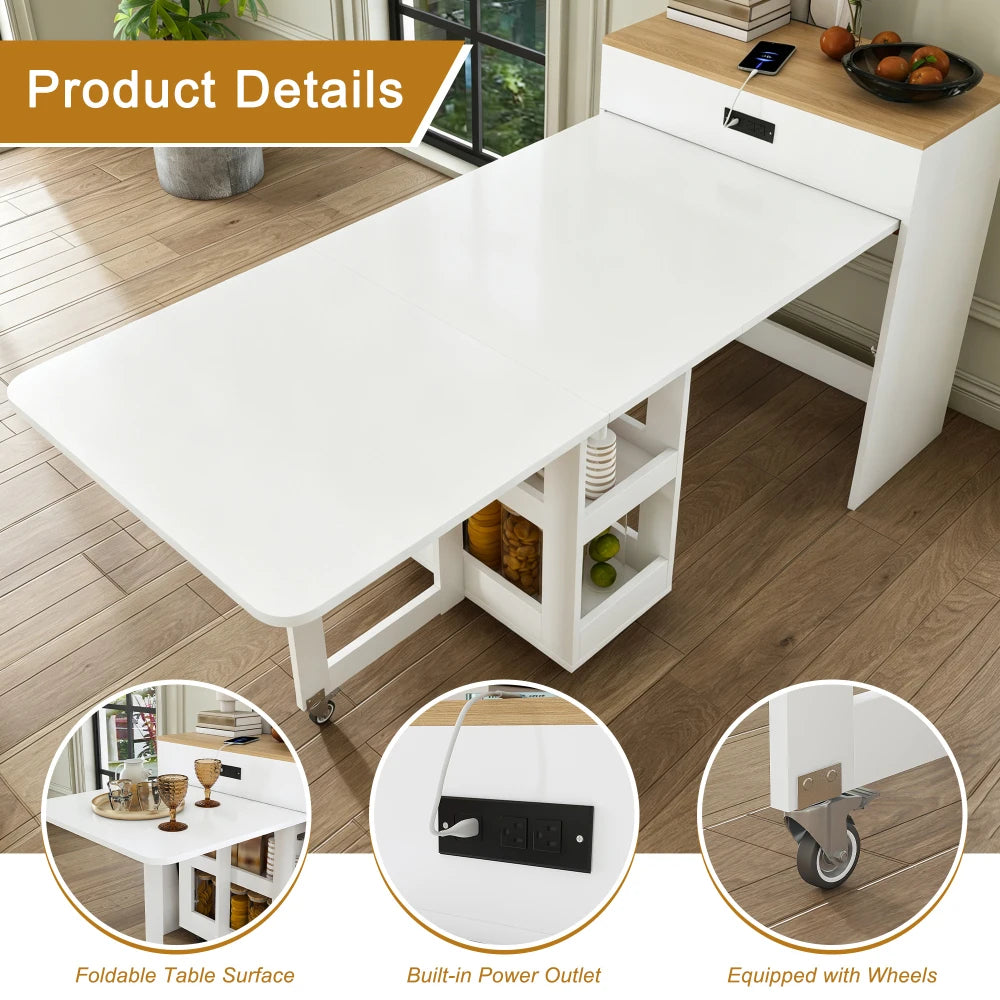 Orraves Extendable Dining Table With Power Socket And Storage Cabinet