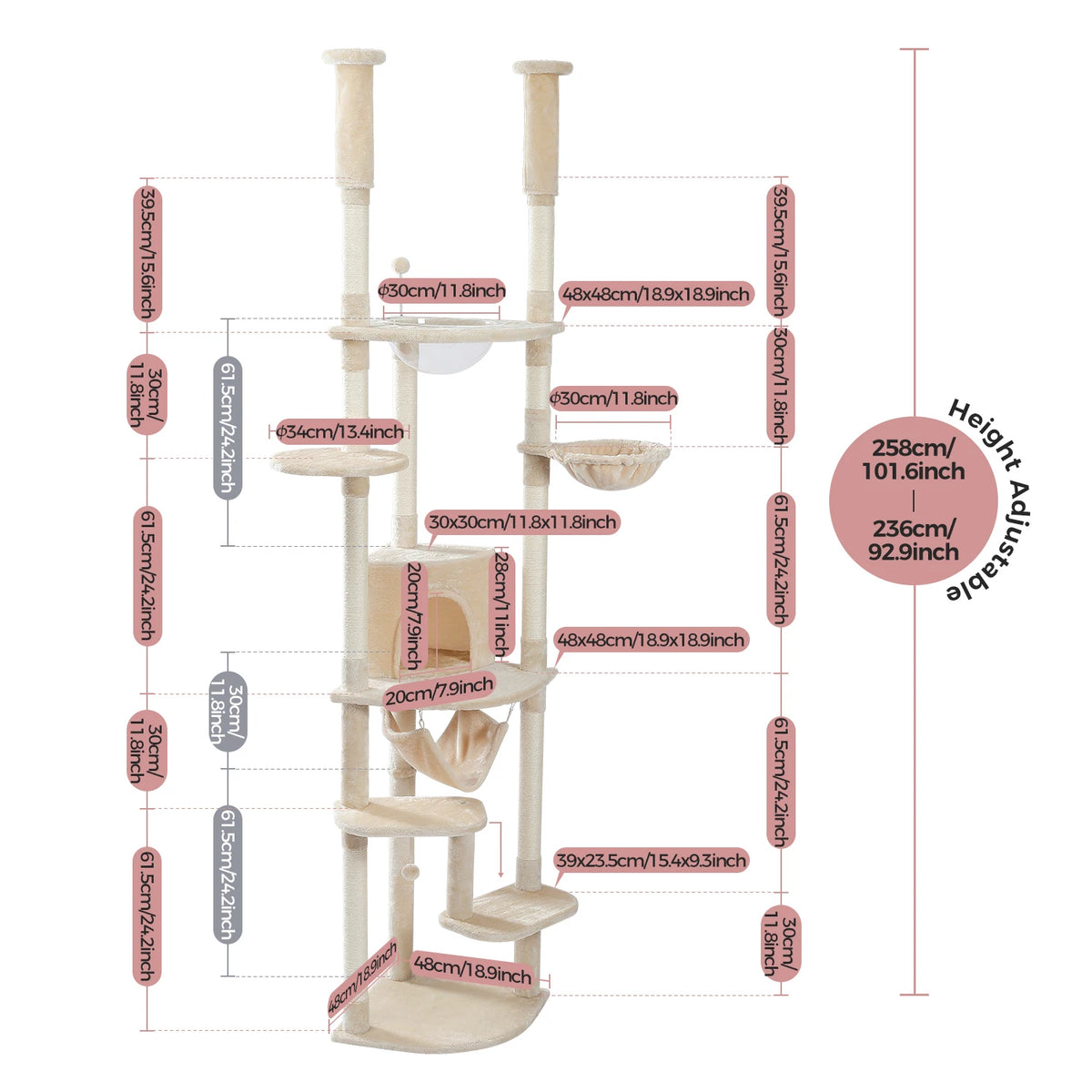 Floor to Ceiling Cat Tree Adjustable Cat Tower Tall Kitty Climbing Play House with Scratching Posts Cozy Condo Perches Hammock