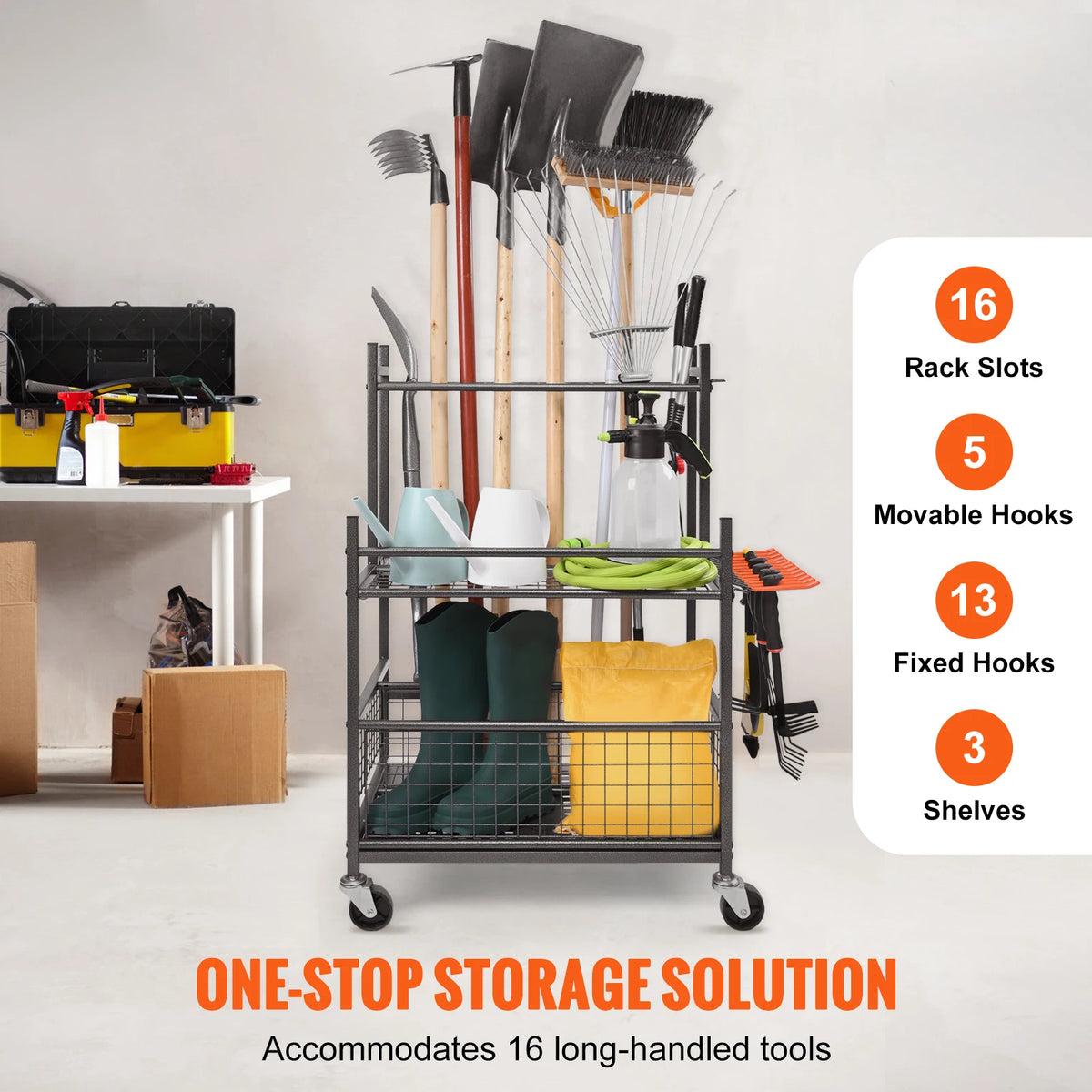 SucceBuy 16 Slots Garden Tool Organizer Yard Tool Tower Rack with Hooks Wheels Long-Handled Rake Stand Holder for Garage Storage