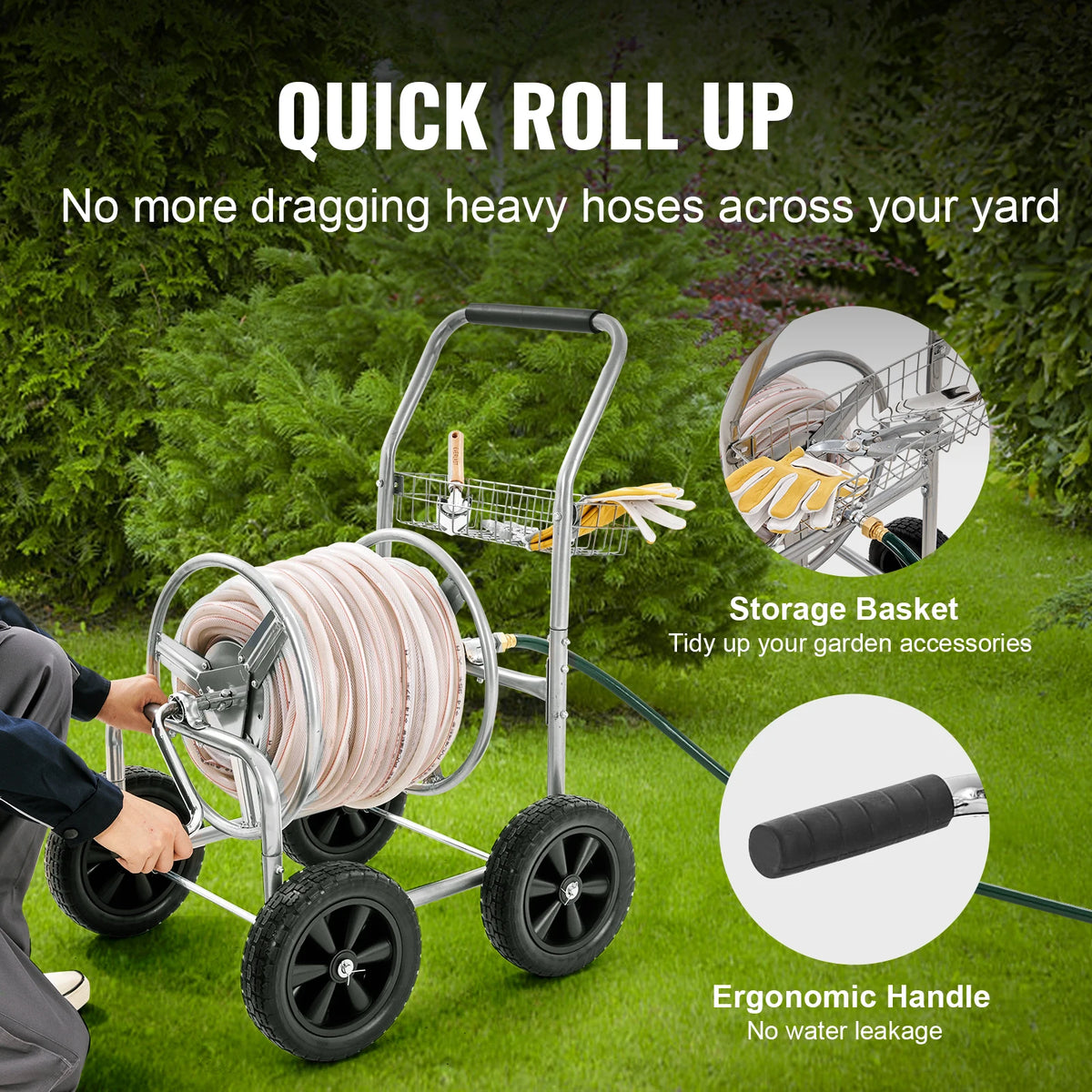 SucceBuy Hose Reel Cart 250ft Heavy Duty Garden Water Yard Planting w/ Basket Effortless Roll-up Versatile Application Steel